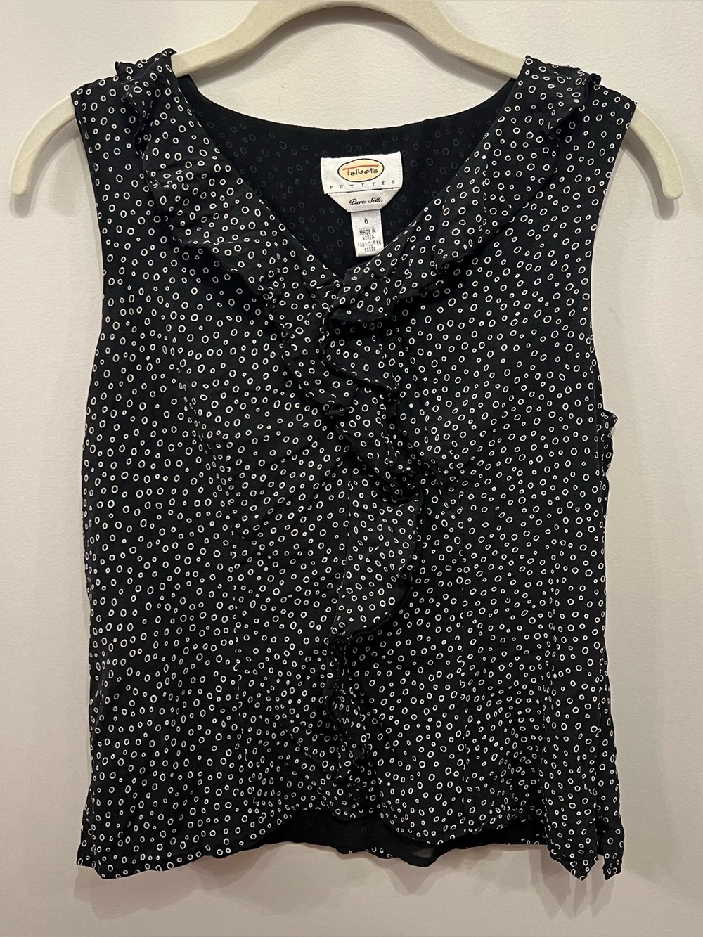 Talbots Petite Silk Black Sleeveless Blouse - Ruffle - White Dot Pattern - 6P